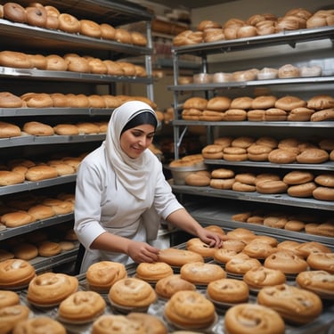 A cheerful woman handing over a bakery box to a delivery driver outside her shop.