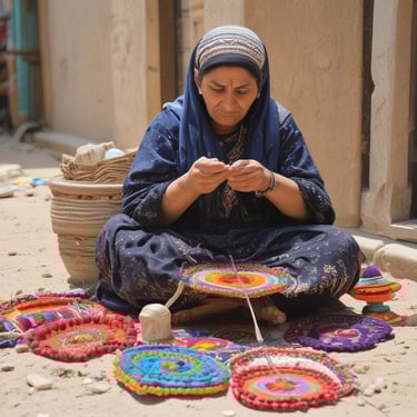 A smiling woman packing colorful handmade crafts ready for delivery.