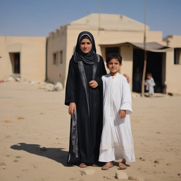 A smiling mother and her two children standing outside an Alef Initiative educational center.