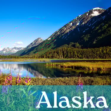 A snow capped mountain near a like with the word Alaska written in white