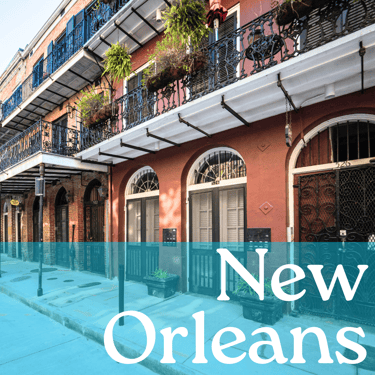 A building in the French Quarter with the words "New Orleans" written in white