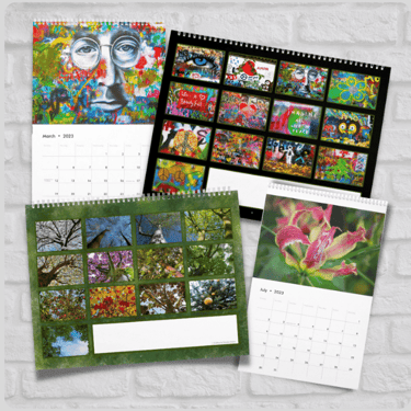 4 calendars showing photos of graffiti art, trees and flowers