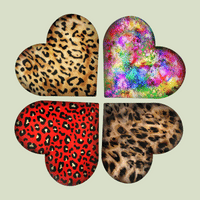 4 hearts with leopard pattern arranged in clover style leading to a sticker webpage 