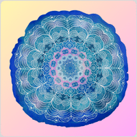 white detailed mandala on a blue background on a round pillow