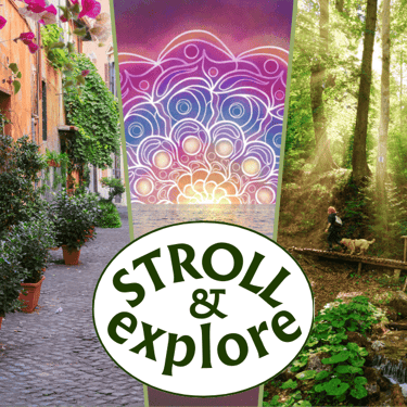Sign saying Stroll and Explore with pictures of a cityscape, nature and a mandala in the ocean