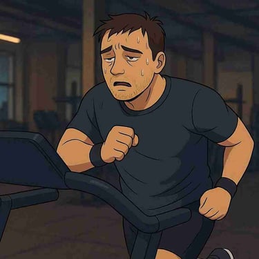 Övertränad man i svart tshirt, svarta shorts som försöker springa på ett rullband