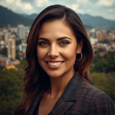 María López de Medellín sonríe frente a su diseño de etiquetas creado por HansGStudios