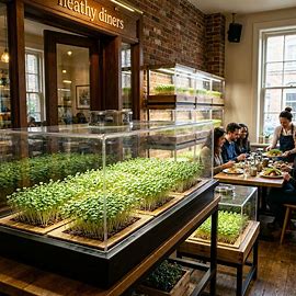 Customers dining in a rustic restaurant featuring fresh microgreens growing in indoor display cases.