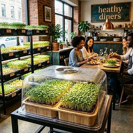 Diners enjoy fresh meals in a healthy cafe with indoor microgreens shelving and a sprouting display.