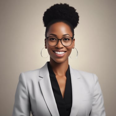 Four women dressed in professional attire are gathered outdoors at a round table. Three of them are standing behind while one is sitting in front holding a tablet. They are all smiling and appear to be enjoying their time together. The background consists of greenery and trees, and the scene seems to be set in a garden or park.