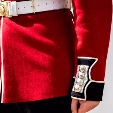 A close-up colour photograph of British Royal Army guard’s arm.