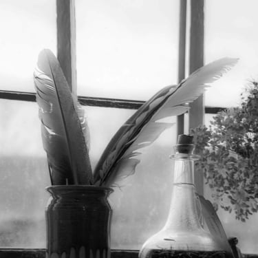 A vintage style black & white photo of quills arranged in a clay vase with a glass corked bottle next to it