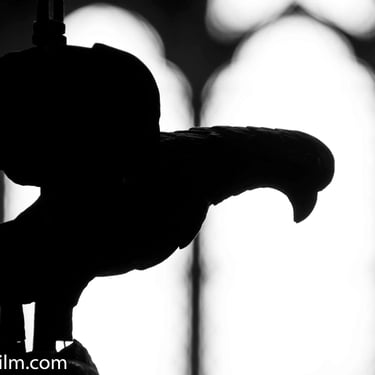A black & white photo of a bird sculpture silhouette