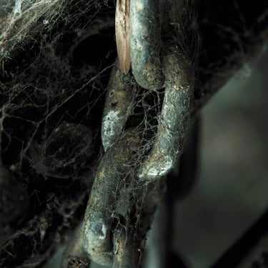 A cold toned close-up photograph of an old, rusty chain covered in dust and cobwebs 