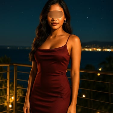 a woman in a red dress with a blindfold