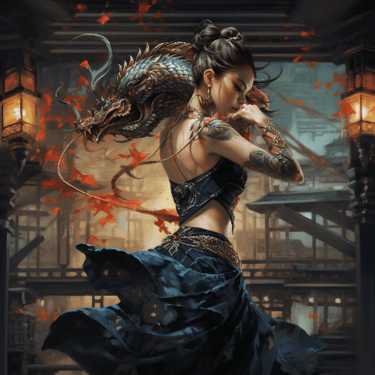 a woman in a dress with a dragon on her back
