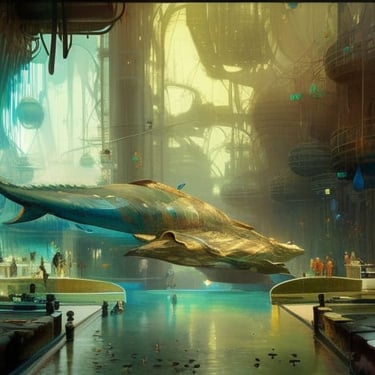 a whale is swimming in a large aquarium