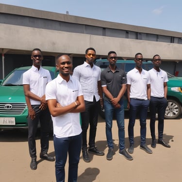 A diverse group of professionals wearing matching uniforms in a team setting.