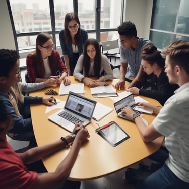 A group of diverse students collaborating on a project in a modern classroom setting.