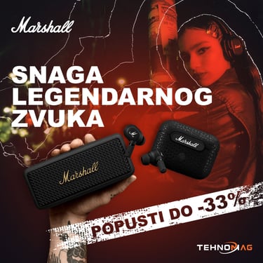 Grafički dizajn digitalnog bannera za Marshall - prikazuje ponudu audio uređaja s fokusom na promotivne cijene