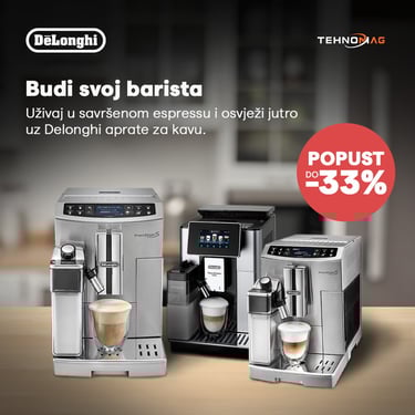 Grafički dizajn digitalnog bannera za DeLonghi - prikazuje ponudu kafe aparata s fokusom na promotivnu akciju