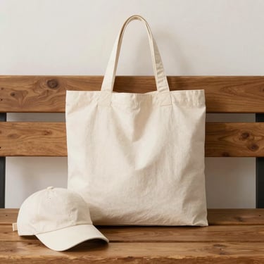 Minimalist shot of a structured cotton tote bag and matching cap on a wooden bench, warm light