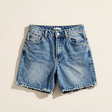 Bright editorial photo of relaxed-fit denim shorts on a neutral background, warm lighting
