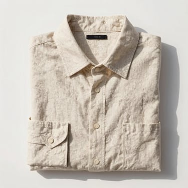 Bright shot of a light beige linen button-down shirt, folded neatly, warm island sun