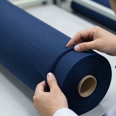 Close-up of a textile quality inspector's hands checking a roll of fine-gauge navy blue jersey fabric under bright white inspection lights, 35mm