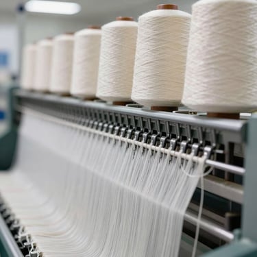Macro photograph of heavy industrial circular knitting machine needles with raw cotton yarn threads running under bright factory daylight, 35mm