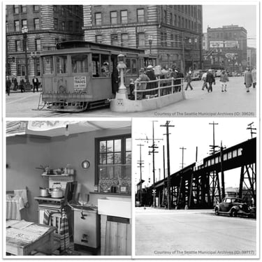 Collage of a streetcar, a 1940s kitchen and a raised street railway in swing-era Seattle. 