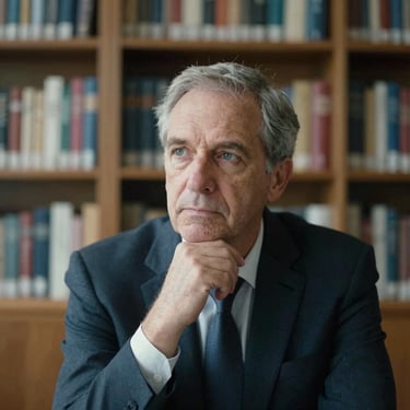 Candid portrait of a senior sovereign risk analyst in deep thought, soft library lighting, muted slate and navy tones, shallow depth of field, 35mm film.