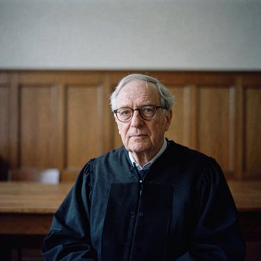 Candid portrait of an elder academic scholar in a wood-paneled study, soft low-contrast indoor gallery lighting, 35mm film.