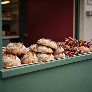 A modern food market stall with artisanal bread and cured meats, soft lighting, matte texture
