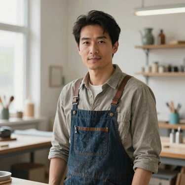 A portrait of a male artisan producer in his workshop, with soft natural light and a clean, sophisticated background.
