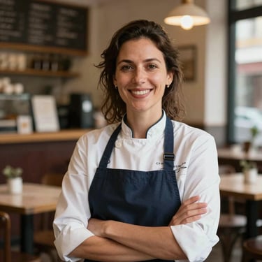 A portrait of a female restaurant owner in a European / Portuguese café, smiling warmly, captured in a professional and approachable photography style.