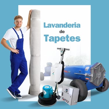 Lavanderia de tapetes - profissional segurando um tapete embalado ao lado de equipamentos de limpeza