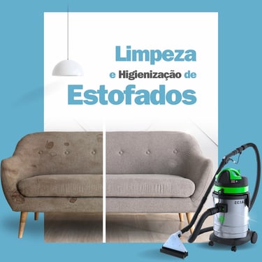 Limpeza e higienização de estofados - antes e depois de um sofá que recebeu o tratamento de limpeza ao lado de uma extratora