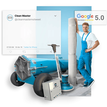 profissional segurando um tapete limpo e embalado ao lado deequipamentos de limpeza e selo de 5 estrelas do google