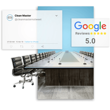 sala de reuniões limpa e organizada ao lado de selo de avaliação 5 estrelas do google 