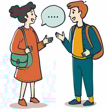 eine Illustration von zwei Cartoon-Figuren, die freundlich miteinander reden