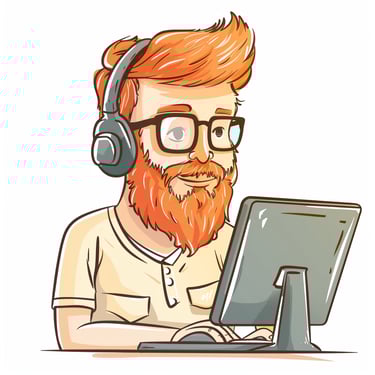 Eine Illustration von einem rothaarigen, bärtigen Mann mit Brille hinter seinem Monitor