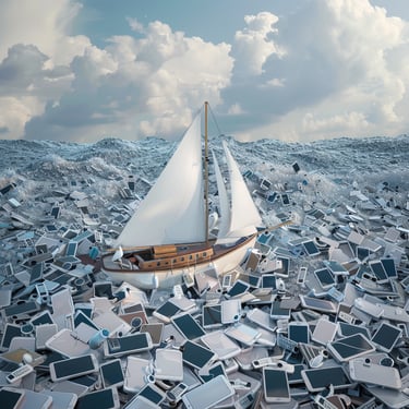 Ein Segelschiff das über ein Meer aus Smartphones und Tablets segelt
