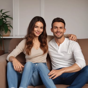 A minimalist interior design features a wooden table with a dark placemat, a glass vase holding green pine branches, a tall glass candle holder without a candle, and two modern overhead pendant lights. The background includes a dim, softly lit room with a blue curtain covering a window.