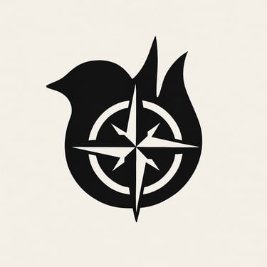 Log-like image of a black bird with a tail that flickers like a flame with a compass inside.