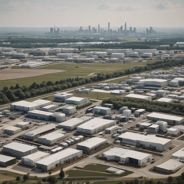 A bus station with signs indicating services such as taxi, tickets, restroom, and ATM. People are sitting on benches, with some holding luggage. A bright orange bus is parked nearby. The station is partially shaded, with sunlight creating patterns on the ground.