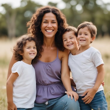 A family of five walks along a wooden pathway in a scenic, natural setting. The parents stand facing the camera, holding hands, while their three children, dressed in vintage-style clothing, walk ahead of them. The sun casts a warm glow over the grassy field around them and the late afternoon sky.
