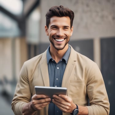 a man holding a tablet