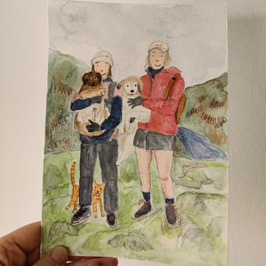 a personalised painting of a queer couple and their dogs in the lake district