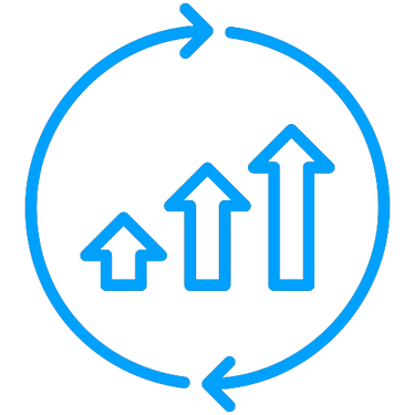 Blue growth chart arrows pointing upward inside a circular refresh icon representing continuous improvement.